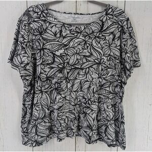 Croft Barrow Size 2X Crewneck Black White Leaf Print Cotton Short Sleeve Top‎